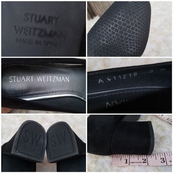 Classic Square Toe Pumps Stuart Weitzman Marymid Size 5 Black Suede Leather Heel - Picture 8 of 13